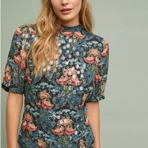 Anthropologie Navy Floral Mock-Neck Top with Coral and Teal Accents Size 2